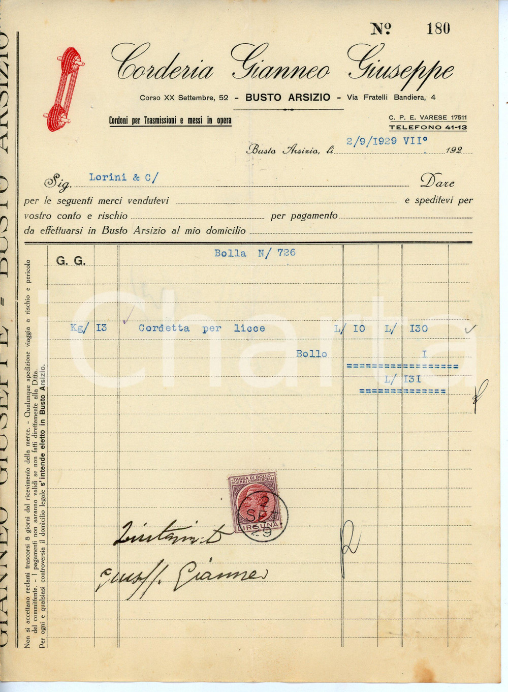 Documento originale, autentico 1929 BUSTO ARSIZIO Corso XX Settembre 52 Corderia Giuseppe GIANNEO Fattura 1