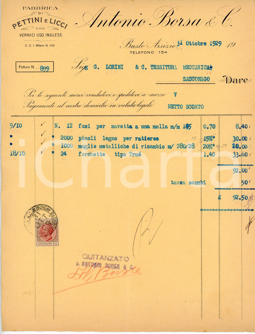 Documento originale, autentico 1929 BUSTO ARSIZIO Antonio BORSA Fabbrica di pettini e licci  Fattura per fusi 1