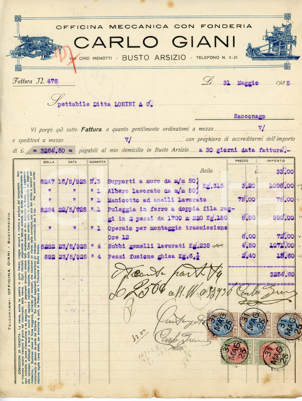 Documento originale, autentico 1925 BUSTO ARSIZIO Via Menotti Fonderia Carlo GIANI Fattura puleggia in ferro 1