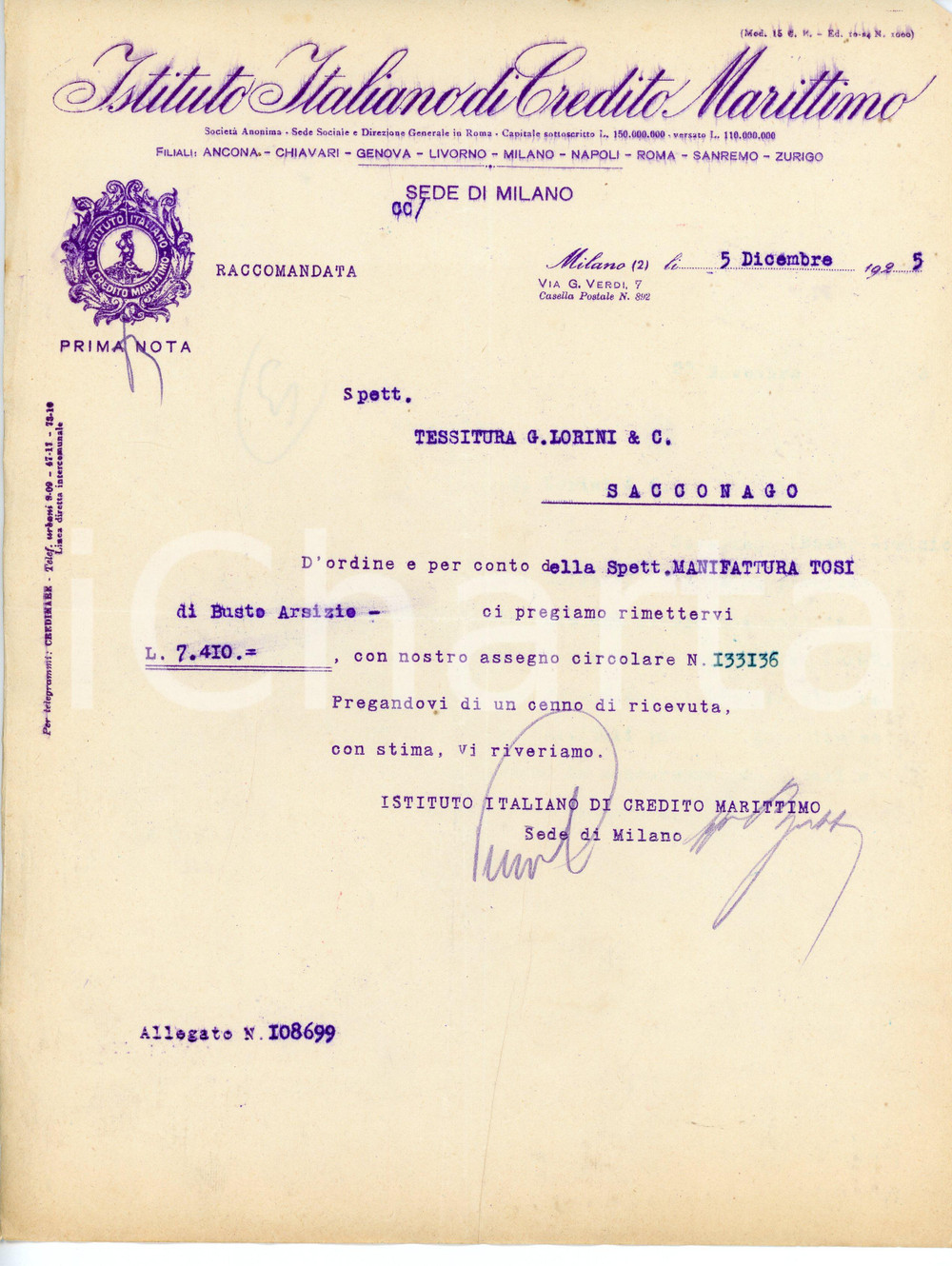 Documento originale, autentico 1925 MILANO Istituto Italiano di Credito Marittimo  Lettera commerciale 1