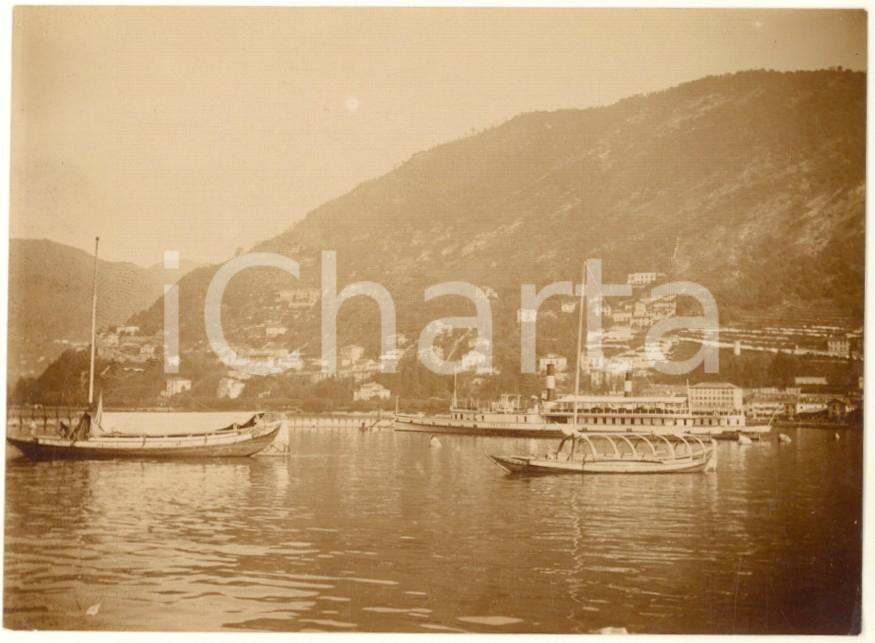 Fotografia d epoca originale 1910 ca LAGO DI COMO Veduta con battello LOMBARDIA in navigazione Foto 11x8 cm 1
