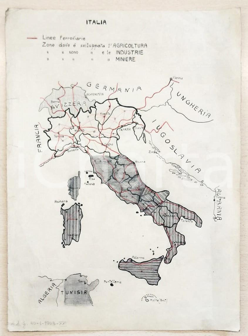 Mappa, planimetria storica 1943 ITALIA Mappa delle linee ferroviarie e del loro sviluppo  Disegnata a mano 1