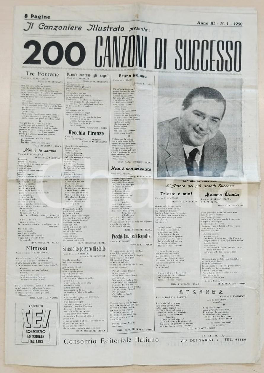 Libro, pubblicazione d epoca 1950 CANZONIERE ILLUSTRATO presenta 200 canzoni di successo  Anno III n.1 1