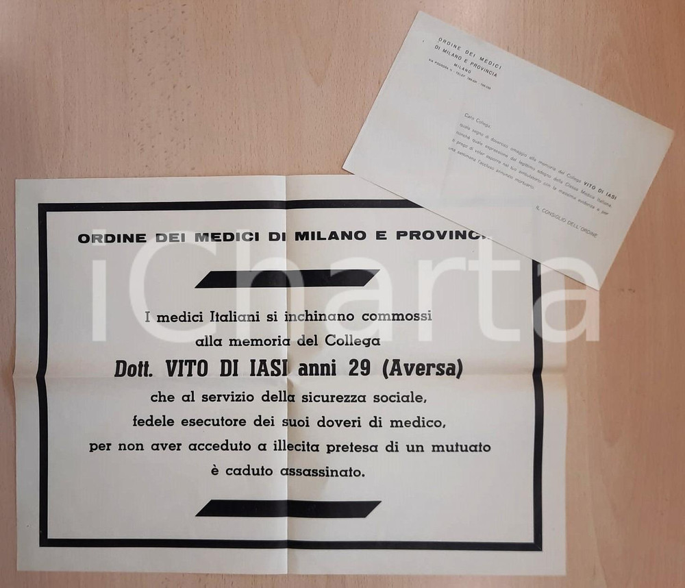 Documento originale, autentico 1958 MILANO Ordine dei medici  Omaggio al Dott. Vito DI IASI Manifesto funebre 1