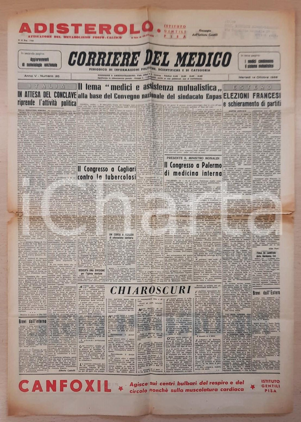 Giornale, rivista storica 1958 CORRIERE DEL MEDICO Anno V n.20 Convegno sindacato ENPAS Periodico 1