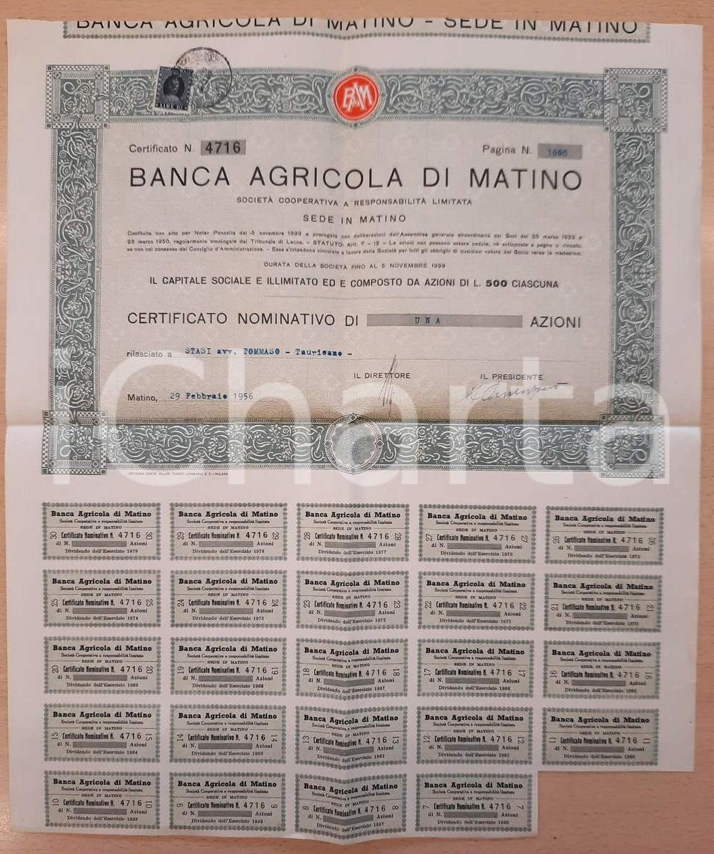 Oggetto da collezione cartaceo 1956 Banca agricola di MATINO  Certificato nominativo di una azione 1