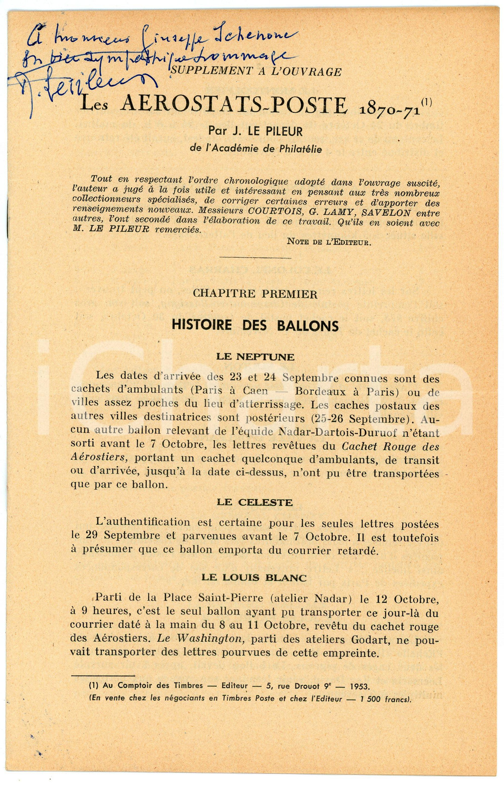 Libro, pubblicazione d epoca 1953 J. LE PILEUR Supplement a l ouvrage Les Aérostats Poste  Invio AUTOGRAFO 1