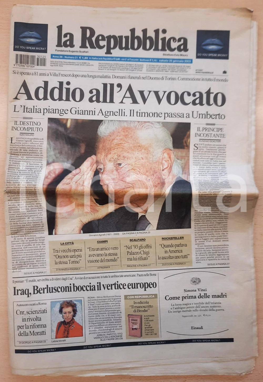 Giornale, rivista storica 25 gennaio 2003 LA REPUBBLICA Addio all Avvocato Gianni AGNELLI Anno 28 n.21 1