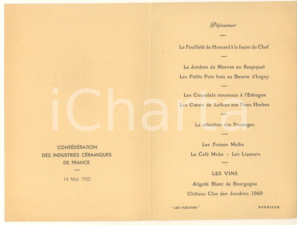 Oggetto da collezione cartaceo 1952 BARBIZON Restaurant LES PLEIADES  Menu Confédération Industries Céramiques 1