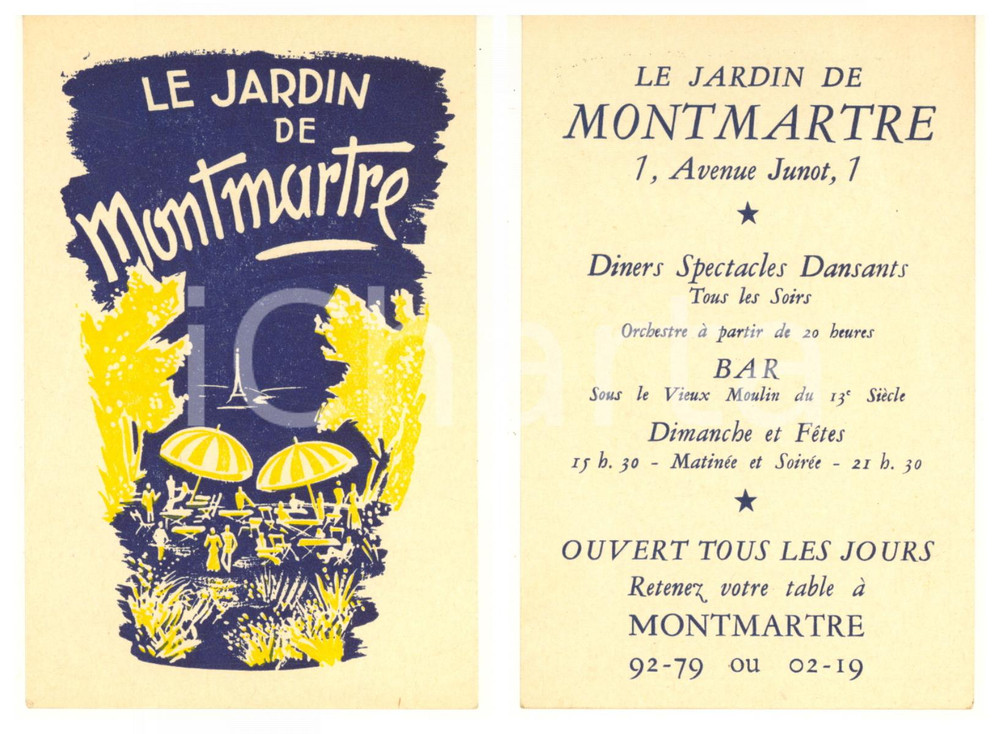 Materiale pubblicitario d’epoca 1950 ca PARIS Avenue Junot  Le Jardin de Montmartre  Cartoncino pubblicitario 1