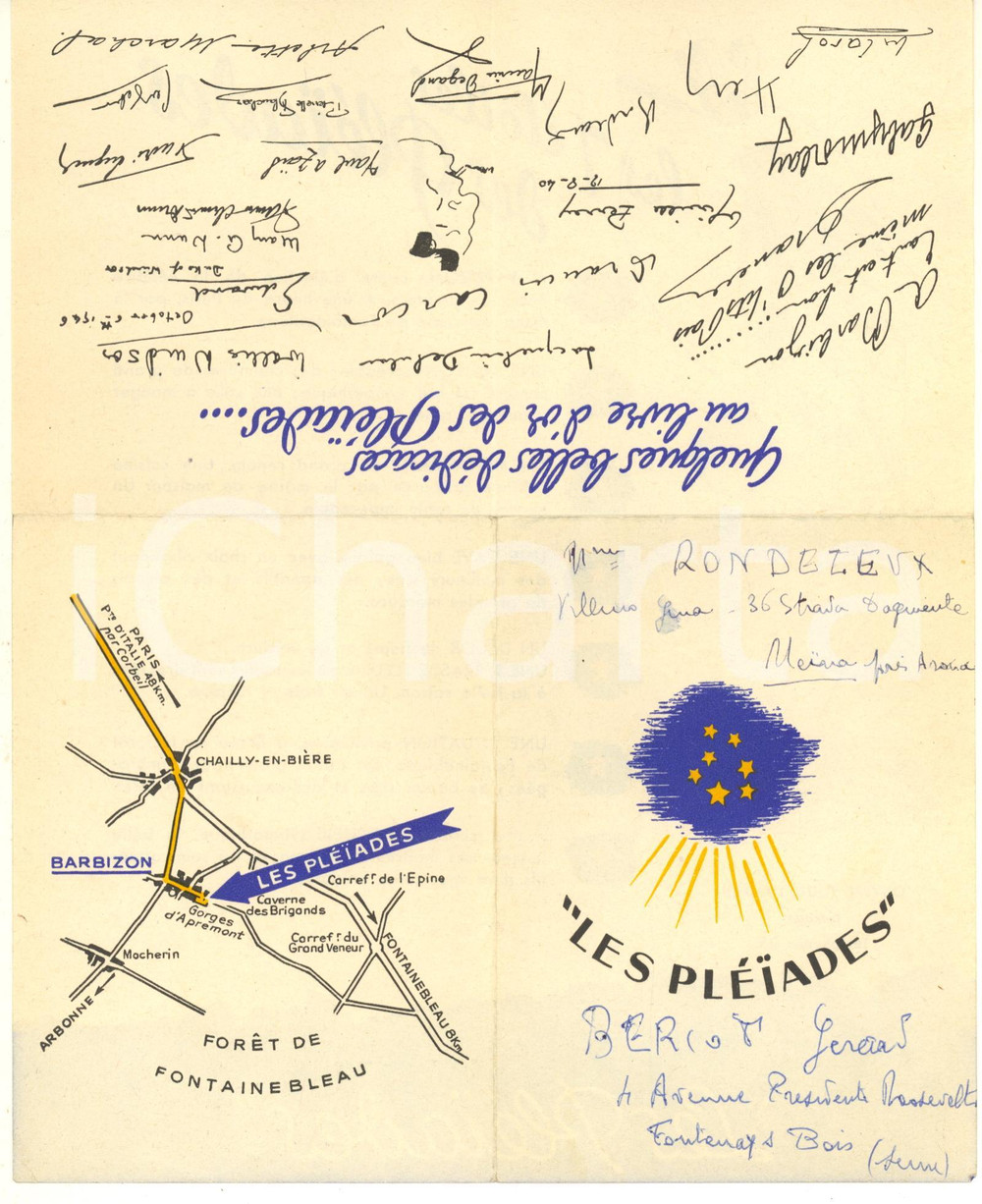 Materiale pubblicitario d’epoca 1950 ca BARBIZON / FRANCE Hotel Restaurant LES PLEIADES Pieghevole pubblicitario 1