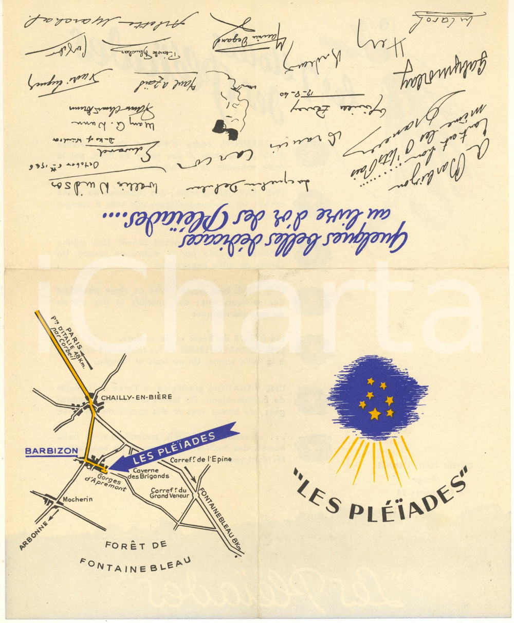 Materiale pubblicitario d’epoca 1950 ca BARBIZON FRANCE Hotel Restaurant LES PLEIADES  Pieghevole 1
