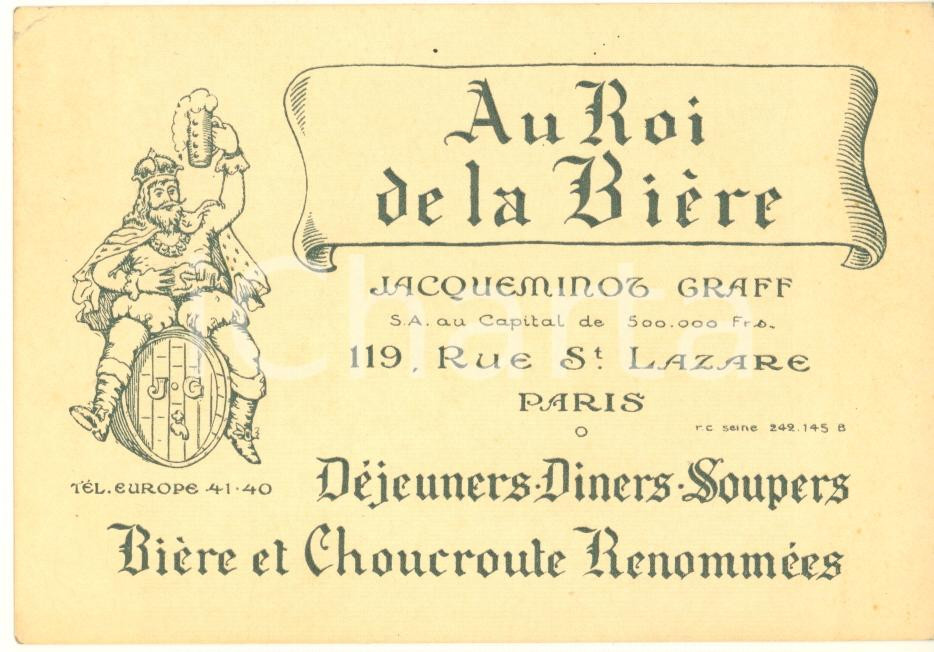 Materiale pubblicitario d’epoca 1950 ca PARIS 119 rue St Lazare  AU ROI DE LA BIERE Biglietto da visita 1