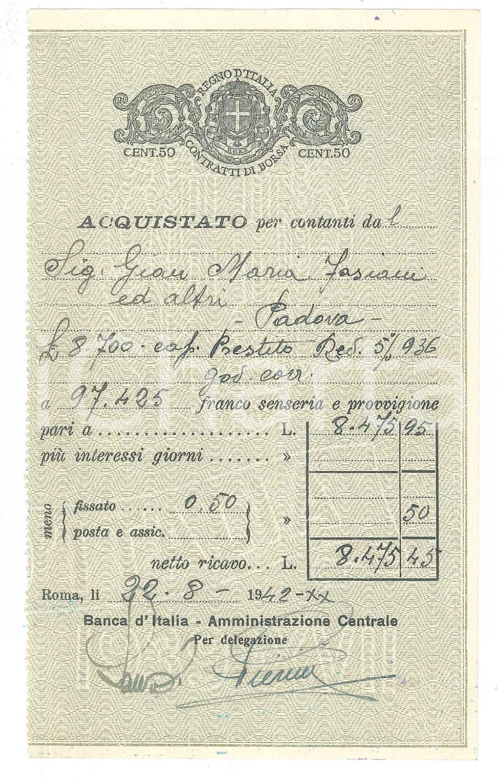 Oggetto da collezione cartaceo 1942 PADOVA Tagliando per contratto di borsa 50 centesimi  Prestito 1