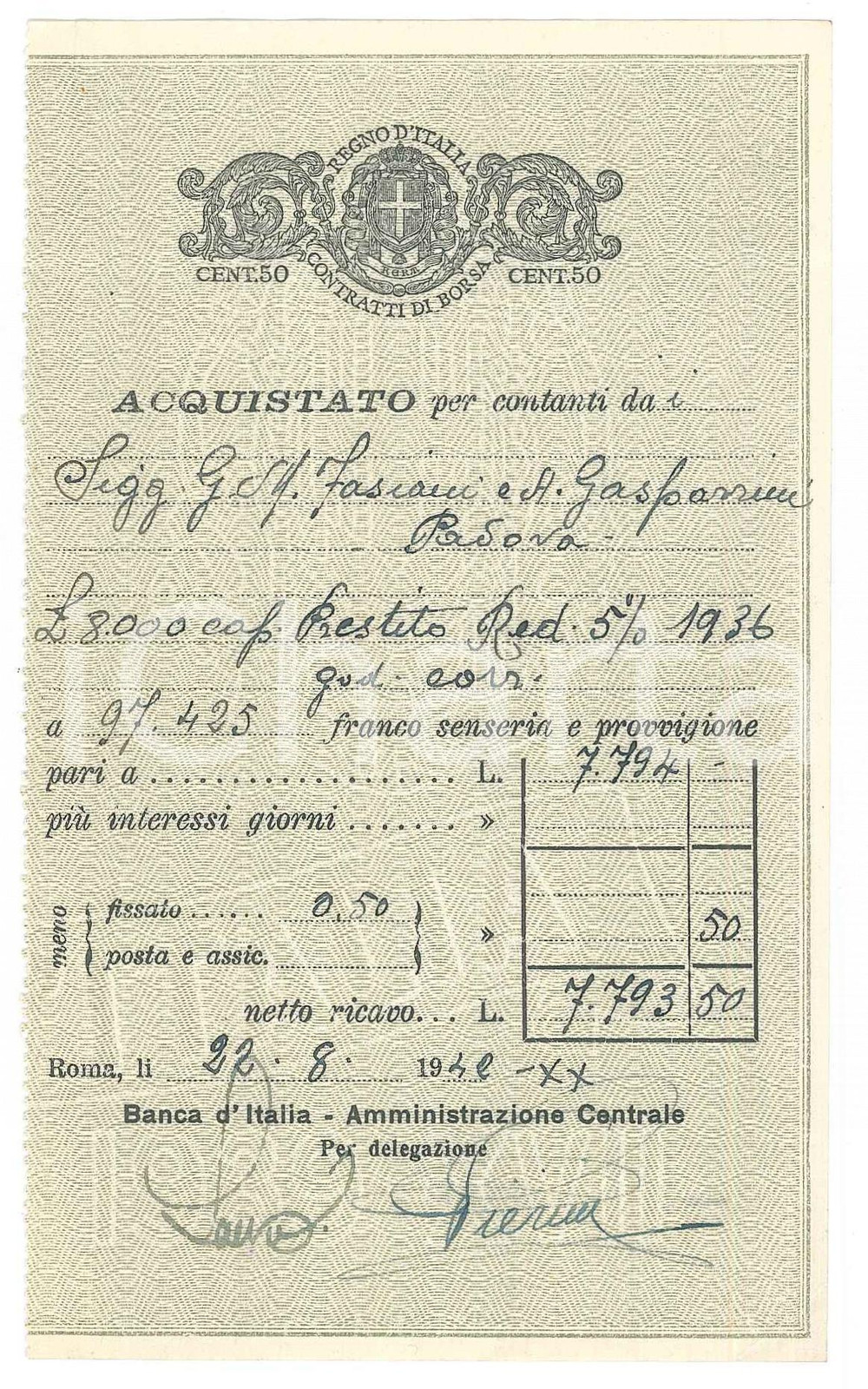 Oggetto da collezione cartaceo 1942 PADOVA Tagliando per contratto di borsa 50 centesimi  Prestito 1 1