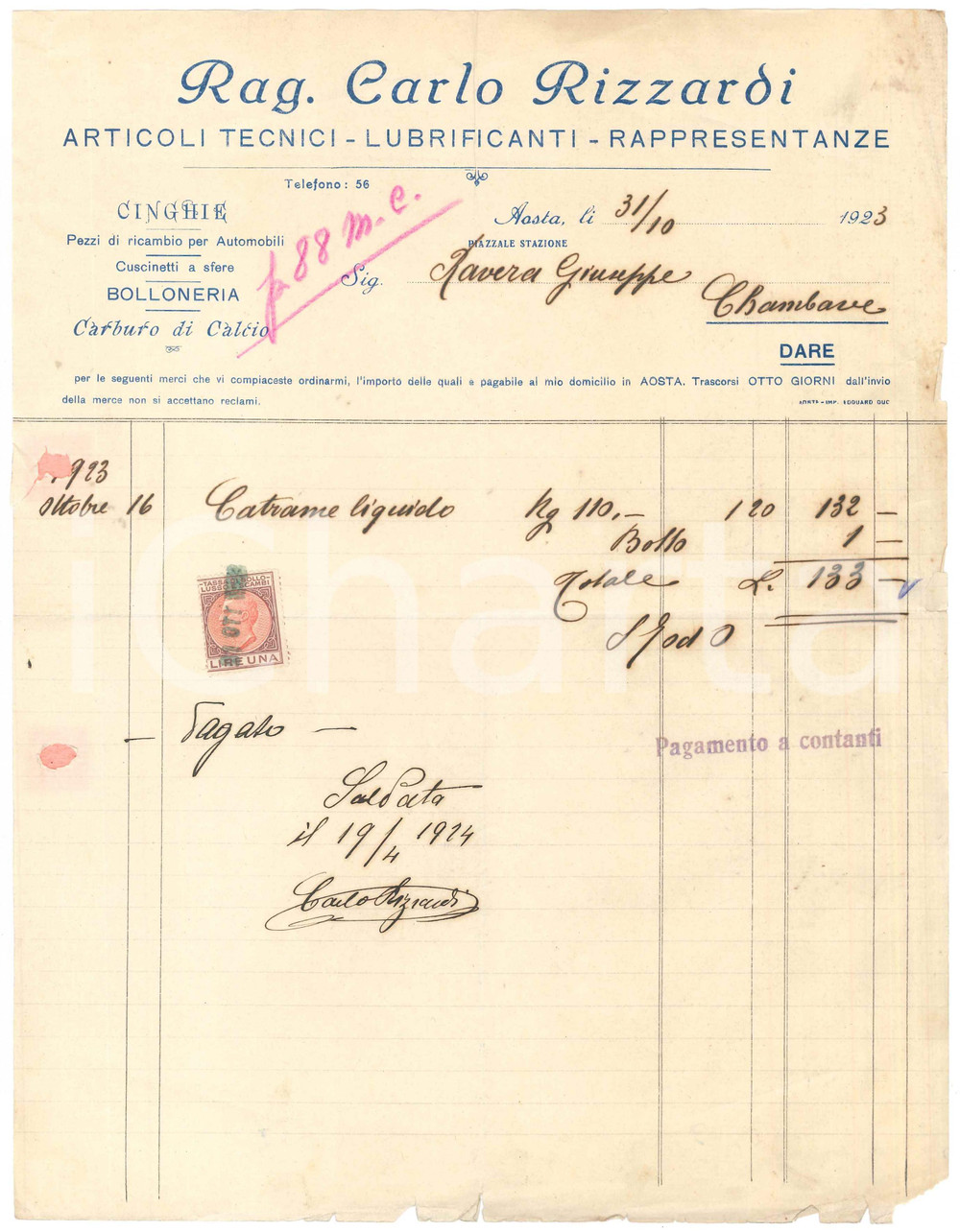 Documento originale, autentico 1923 AOSTA Piazzale Stazione  Rag. Carlo RIZZARDI Fattura per catrame liquido 1