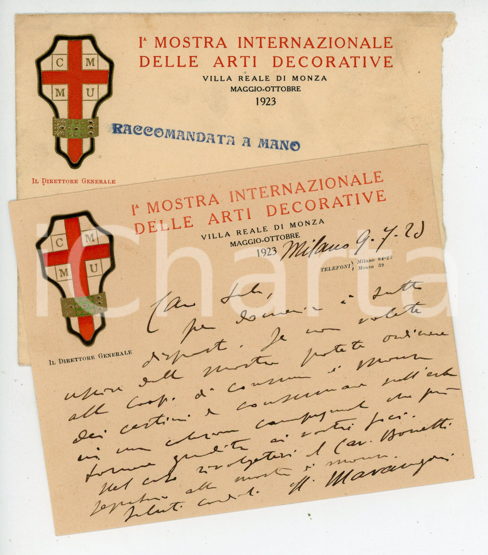 Documento originale, autentico 1923 MONZA I Mostra Internazionale Arti Decorative  Autografo Guido MARANGONI 1