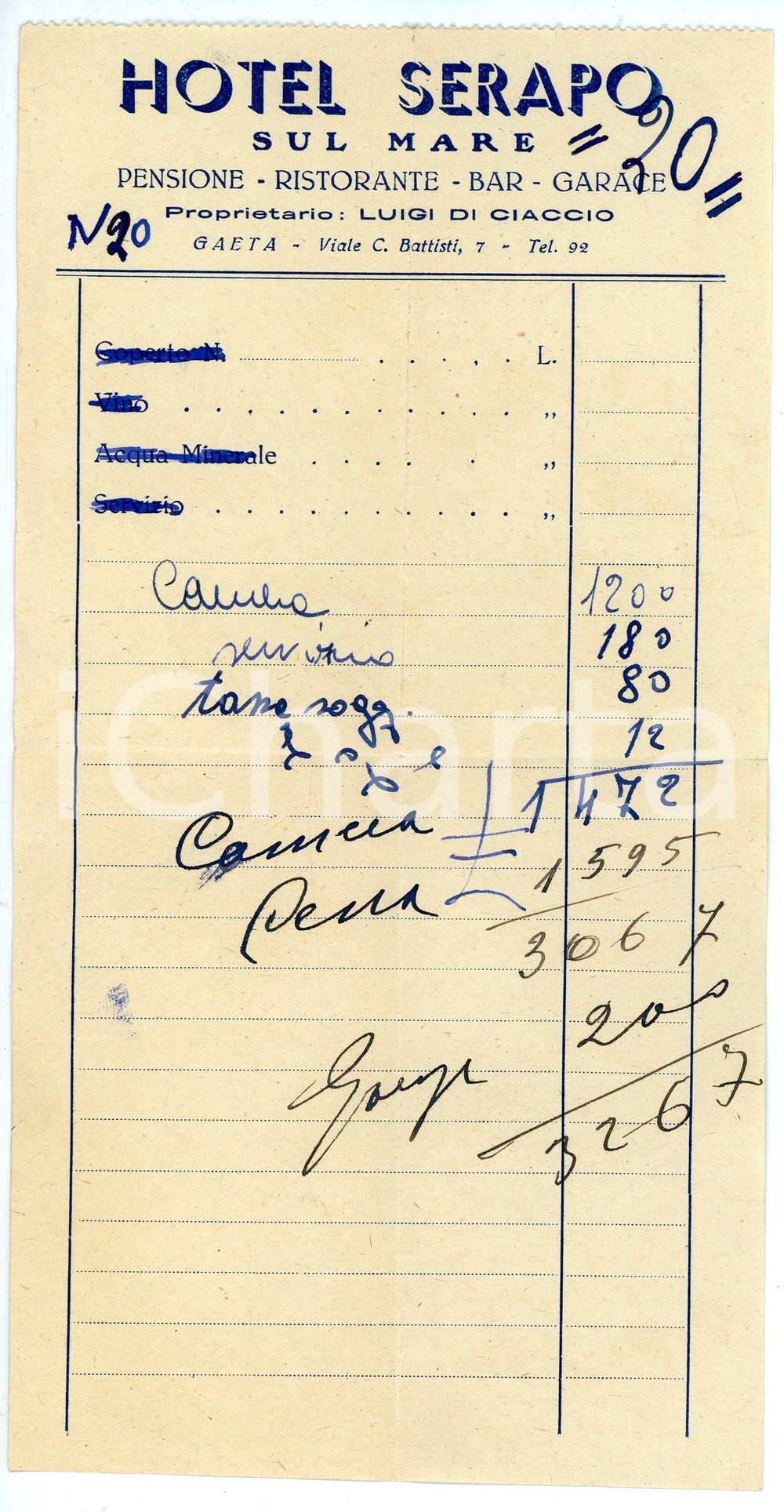 Documento originale, autentico 1950 ca GAETA Hotel Serapo di Luigi DI CIACCIO Fattura per soggiorno 11x21 cm 1