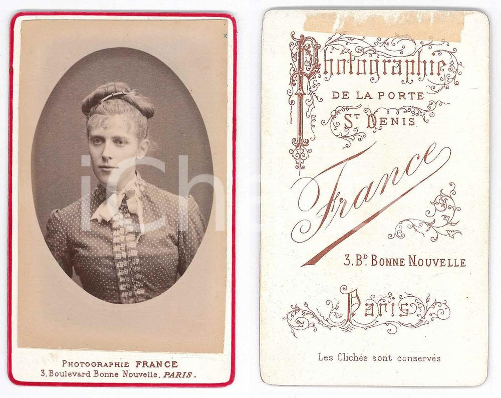 Fotografia d epoca originale 1850 ca PARIS Ritratto femminile CDV Photographie de la porte St. Denis 1