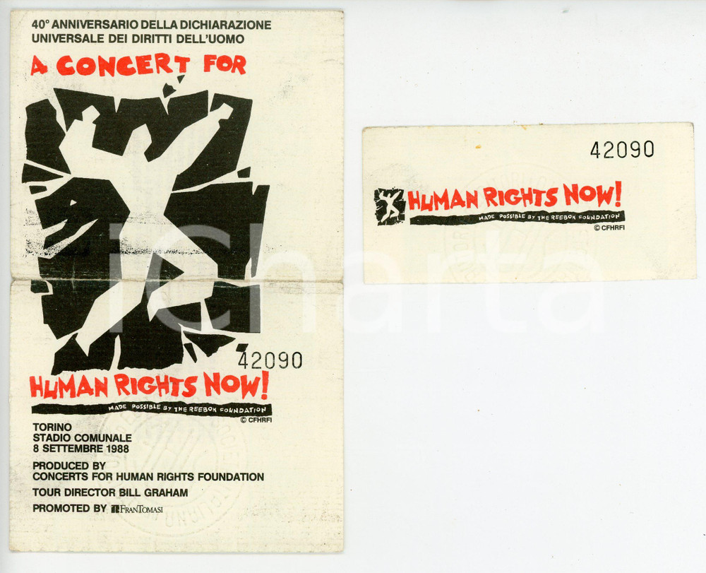 Oggetto da collezione cartaceo 1988 TORINO Stadio comunale A CONCERT FOR HUMAN RIGHT NOW! Biglietto e tagliando 1