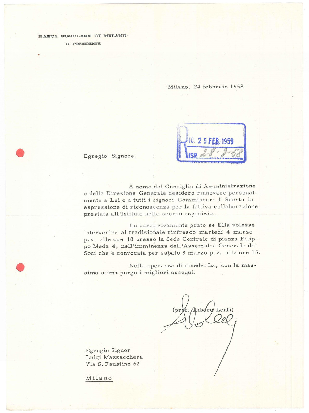 Autografo originale 1958 BANCA POPOLARE DI MILANO Presidente Libero LENTI Lettera con AUTOGRAFO 1
