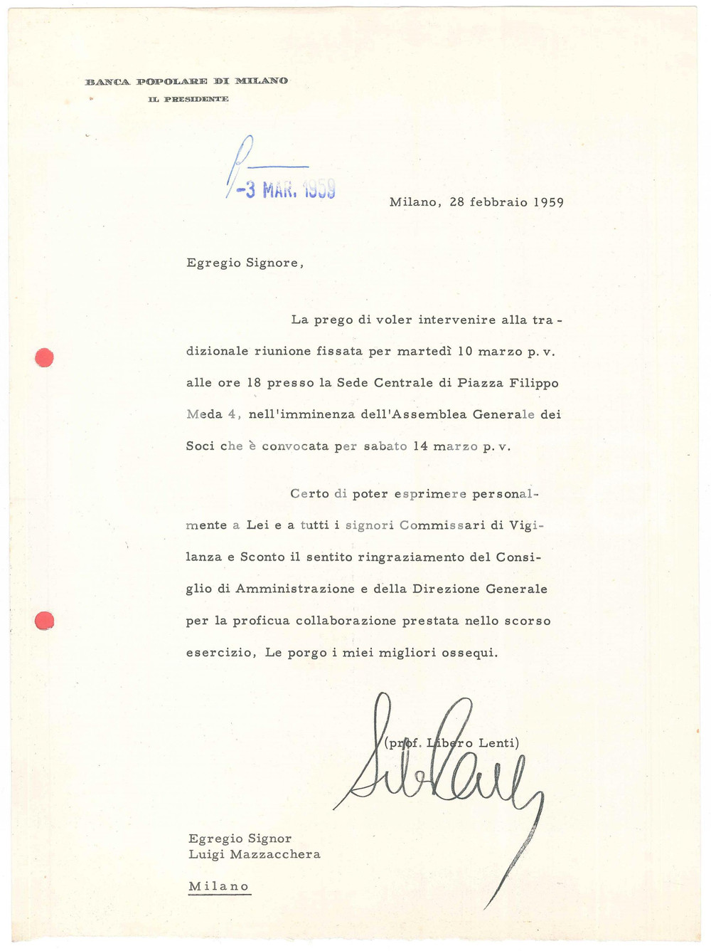Autografo originale 1959 BANCA POPOLARE DI MILANO Presidente Libero LENTI Lettera con AUTOGRAFO 1