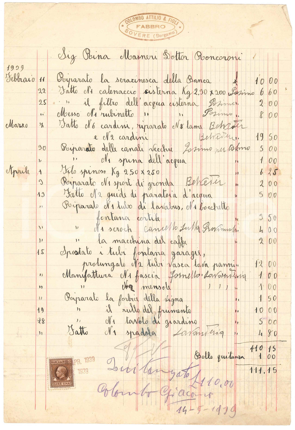 Documento originale, autentico 1939 SOVERE Fabbro Attilio COLOMBO E FIGLI Fattura per riparazioni 1