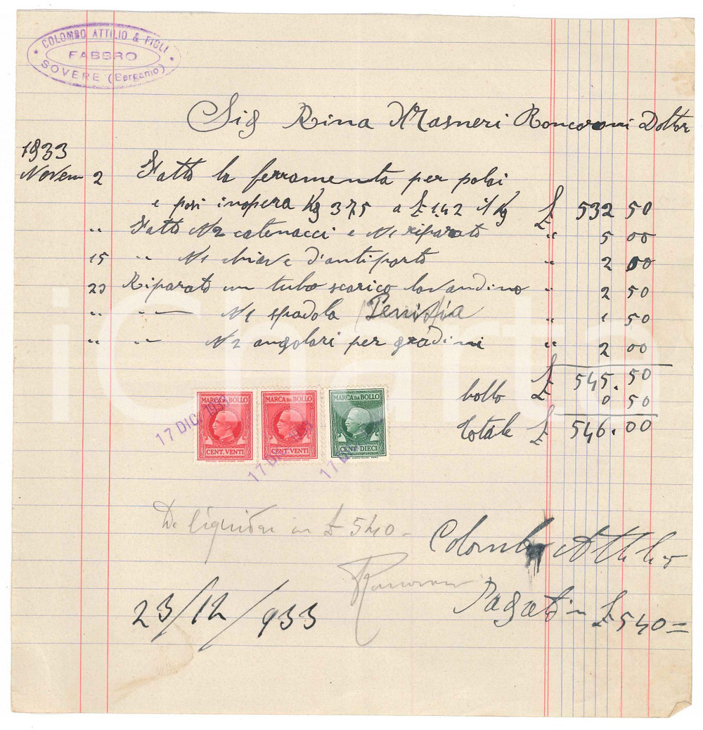 Documento originale, autentico 1933 SOVERE Fabbro Attilio COLOMBO E FIGLI Fattura per riparazioni 1