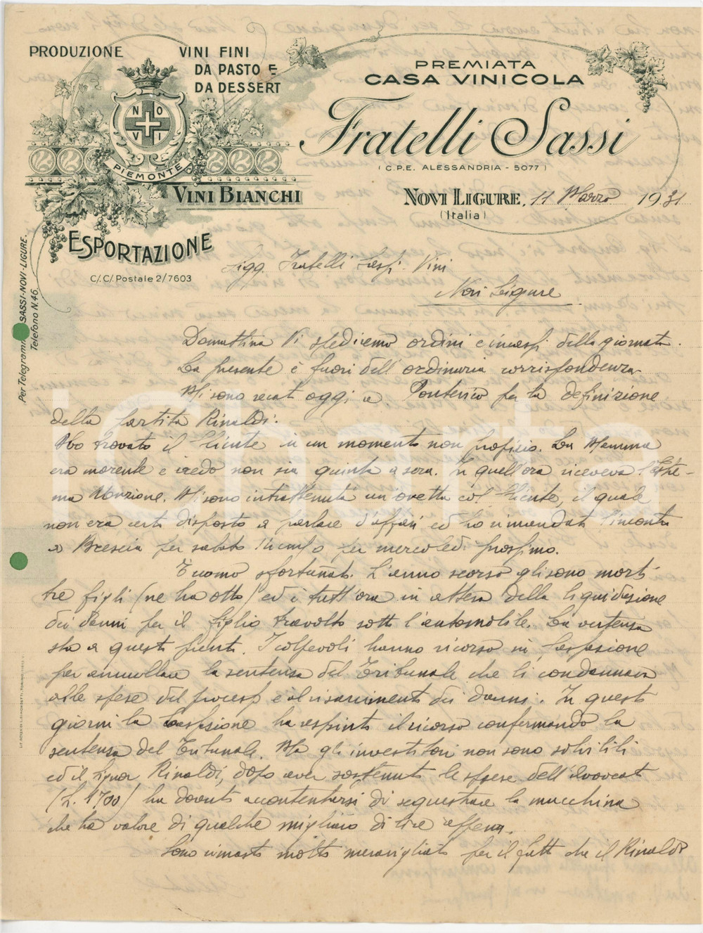 Documento originale, autentico 1931 NOVI LIGURE Fratelli SASSI Casa vinicola  Lettera commerciale 1