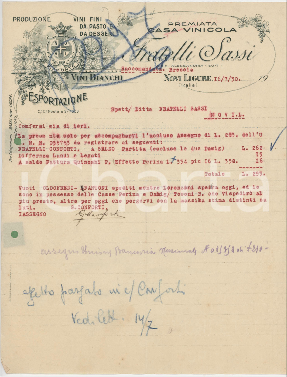 Documento originale, autentico 1930 NOVI LIGURE Fratelli SASSI Casa vinicola  Lettera commerciale 1