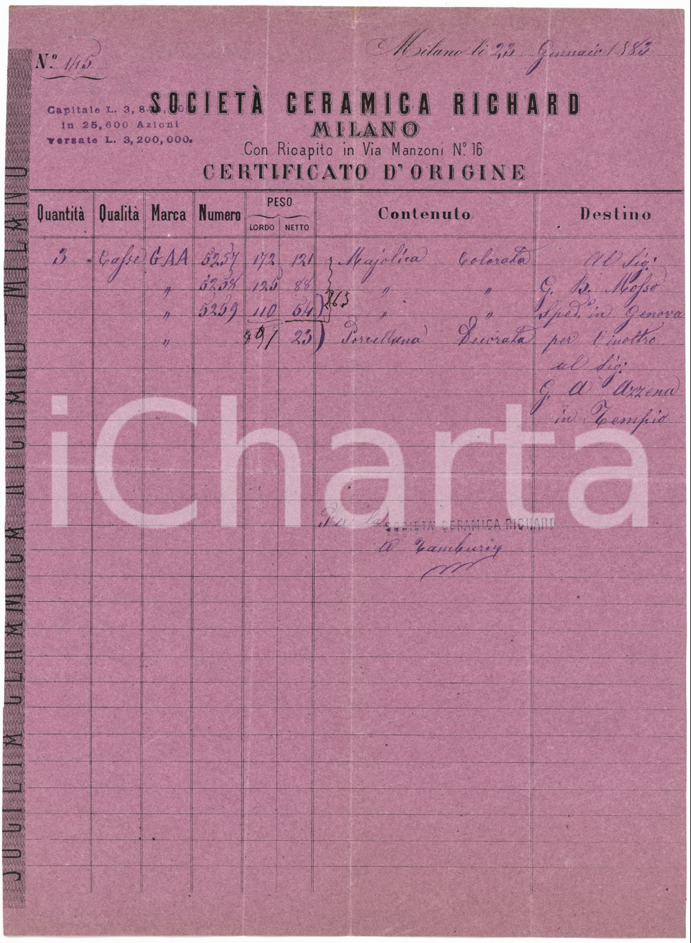 Documento originale, autentico 1883 MILANO Via Manzoni 16  Società ceramica RICHARD Fattura per maiolica 1