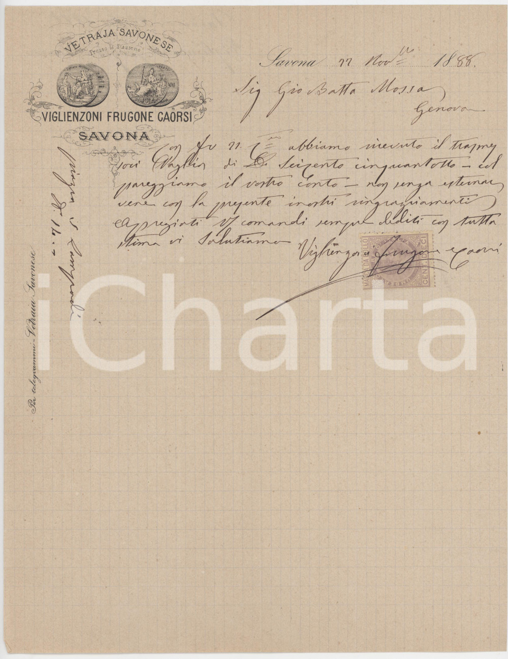 Documento originale, autentico 1888 SAVONA Vetraja savonese VIGLIENZONI FRUGONE CAORSI Lettera commerciale 1