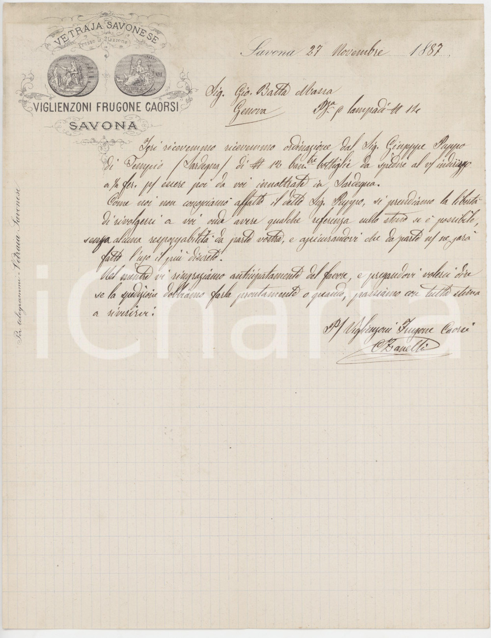 Documento originale, autentico 1887 SAVONA Vetraja savonese VIGLIENZONI FRUGONE CAORSI Lettera commerciale 1