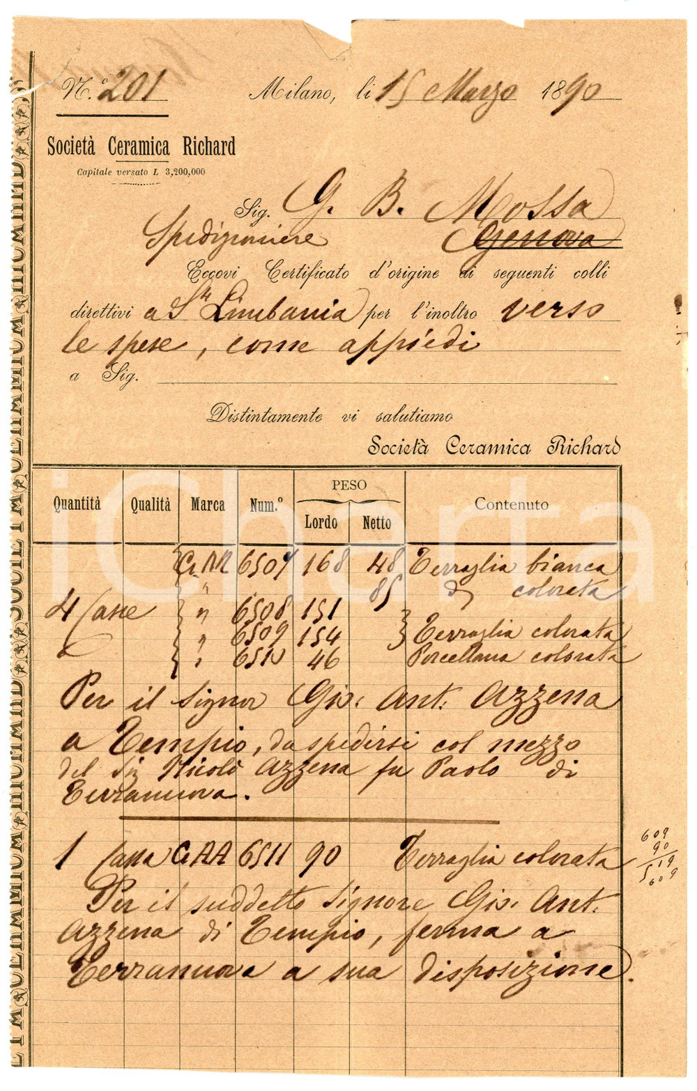 Documento originale, autentico 1840 MILANO Società ceramica RICHARD Certificato di origine dei colli 1