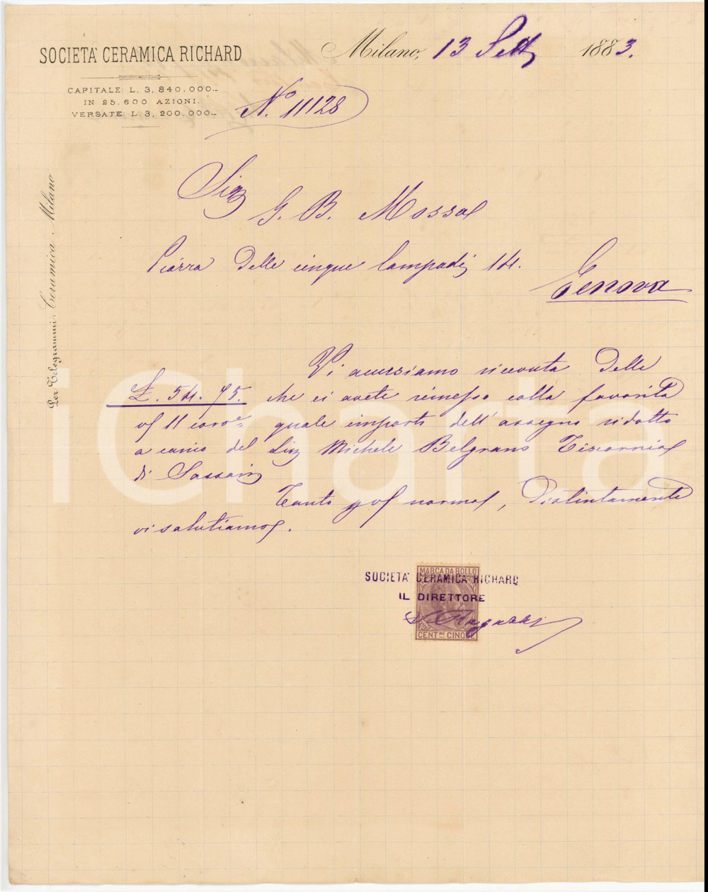 Documento originale, autentico 1883 MILANO Via Manzoni 16  Società ceramica RICHARD Lettera commerciale 1 1