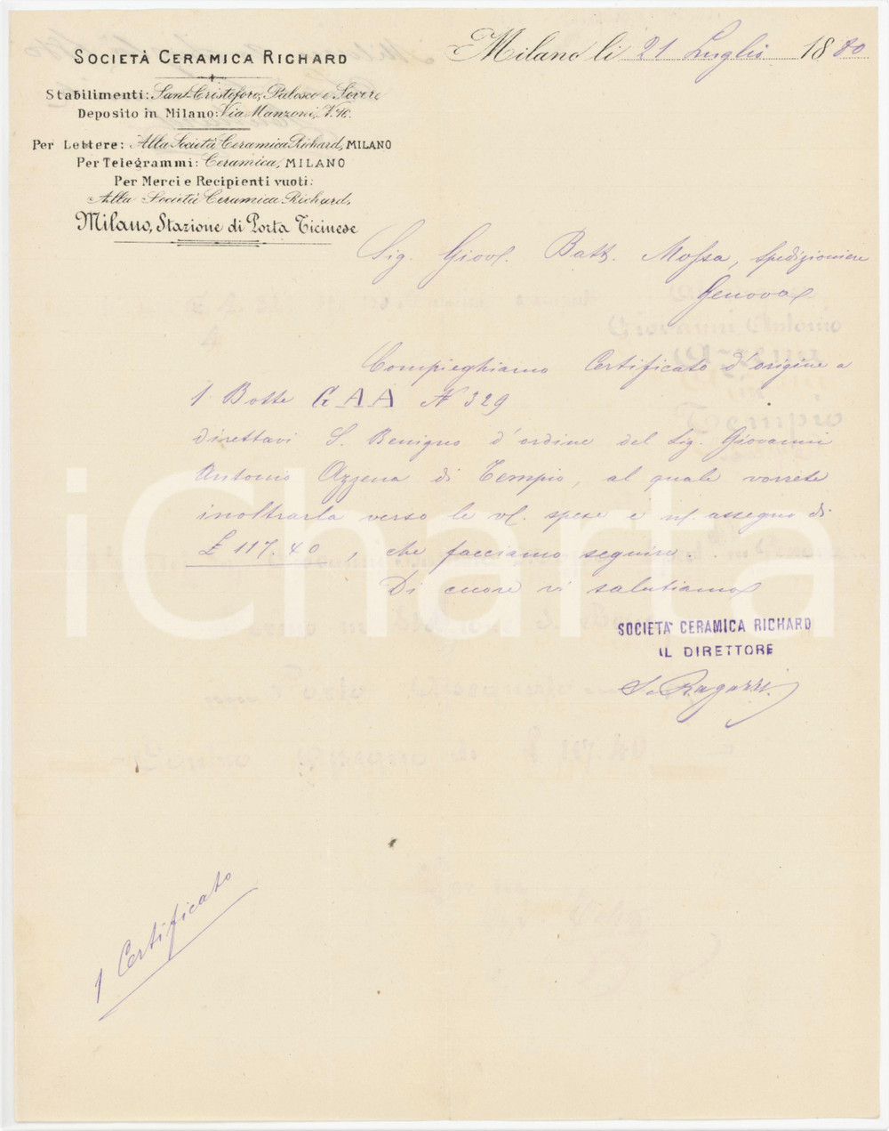 Documento originale, autentico 1880 MILANO Via Manzoni 16  Società ceramica RICHARD Lettera commerciale 1