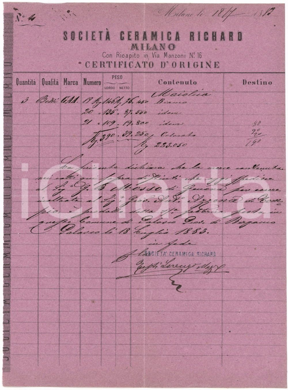Documento originale, autentico 1883 MILANO Via Manzoni 16  Società ceramica RICHARD Fattura per maiolica 1 1