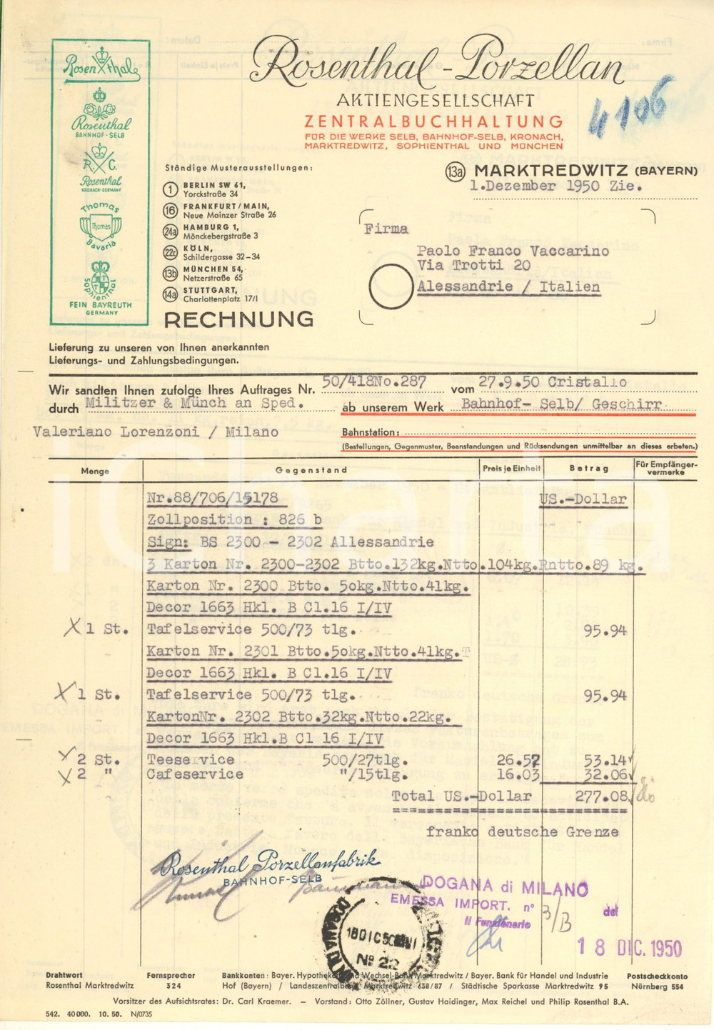 Documento originale, autentico 1950 MARKTREDWITZ Ditta ROSENTHALPORZELLAN Fattura servizio da tavola 1