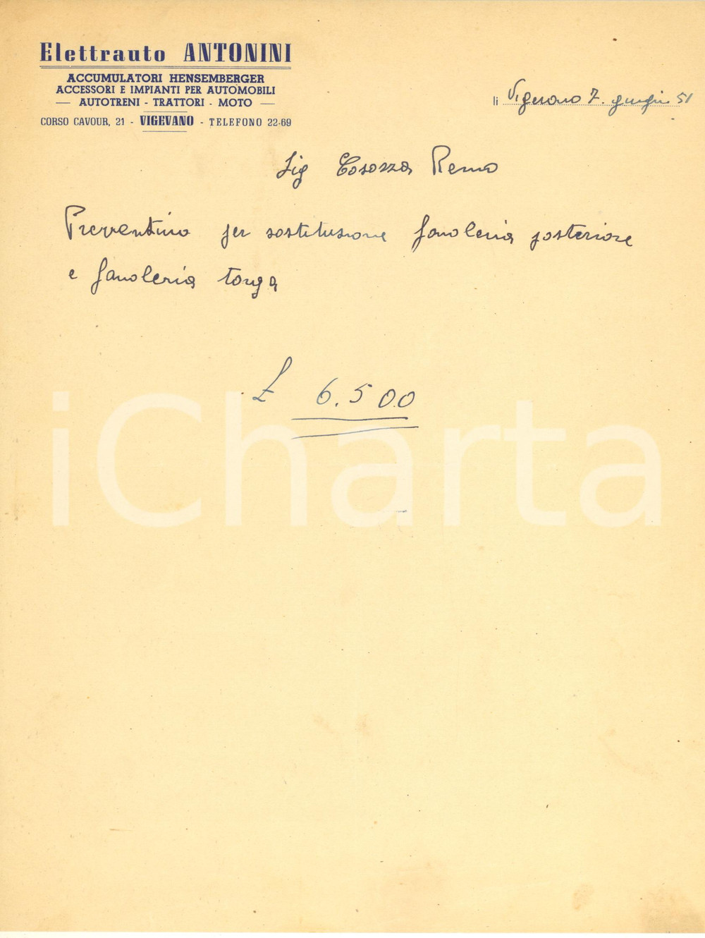 Documento originale, autentico 1951 VIGEVANO Corso Cavour  Elettrauto ANTONINI  Preventivo per fanaleria 1