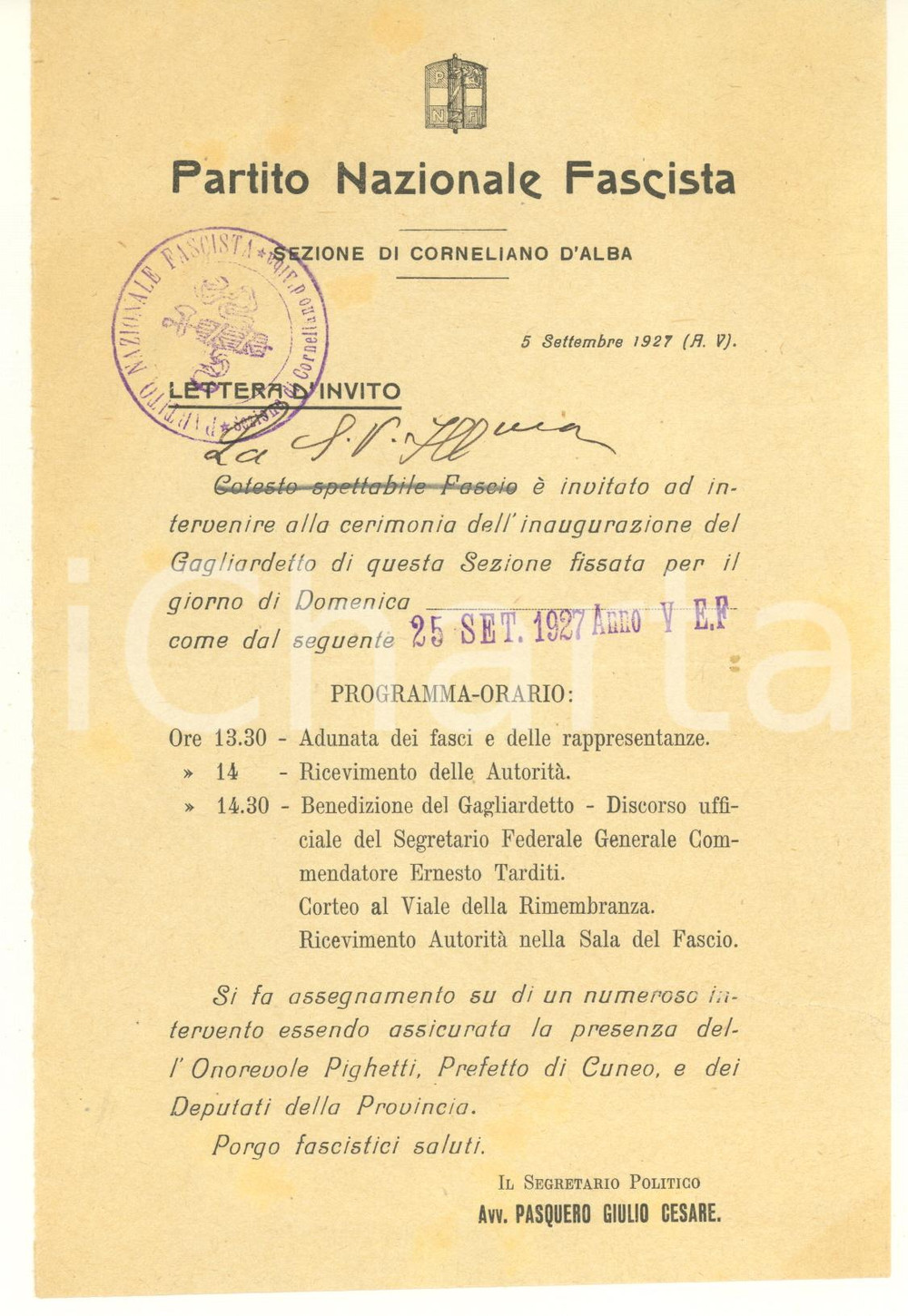Documento originale, autentico 1927 PNF CORNELIANO D ALBA Invito per cerimonia d inaugurazione del gagliardetto 1