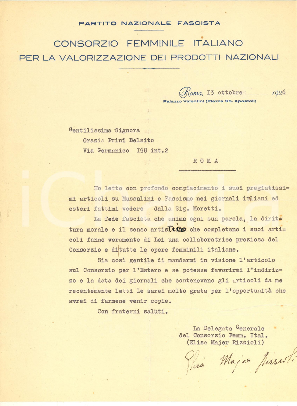 Autografo originale 1926 PNF ROMA Lettera Elisa MAJER RIZZIOLI  Consorzio Femminile Autografo 1