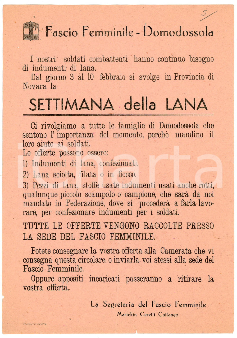Documento originale, autentico 1935 ca DOMODOSSOLA Fascio Femminile  Settimana della lana  Volantino 1