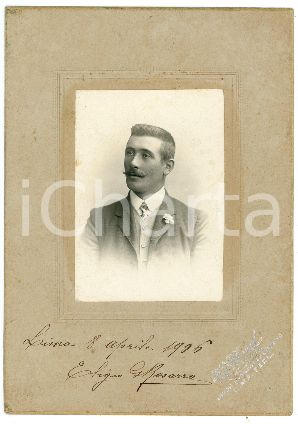 Fotografia d epoca originale 1906 LIMA PERÙ Ritratto di Eligio G. ROSAZZA Foto M. MORAL 12x17 cm 1