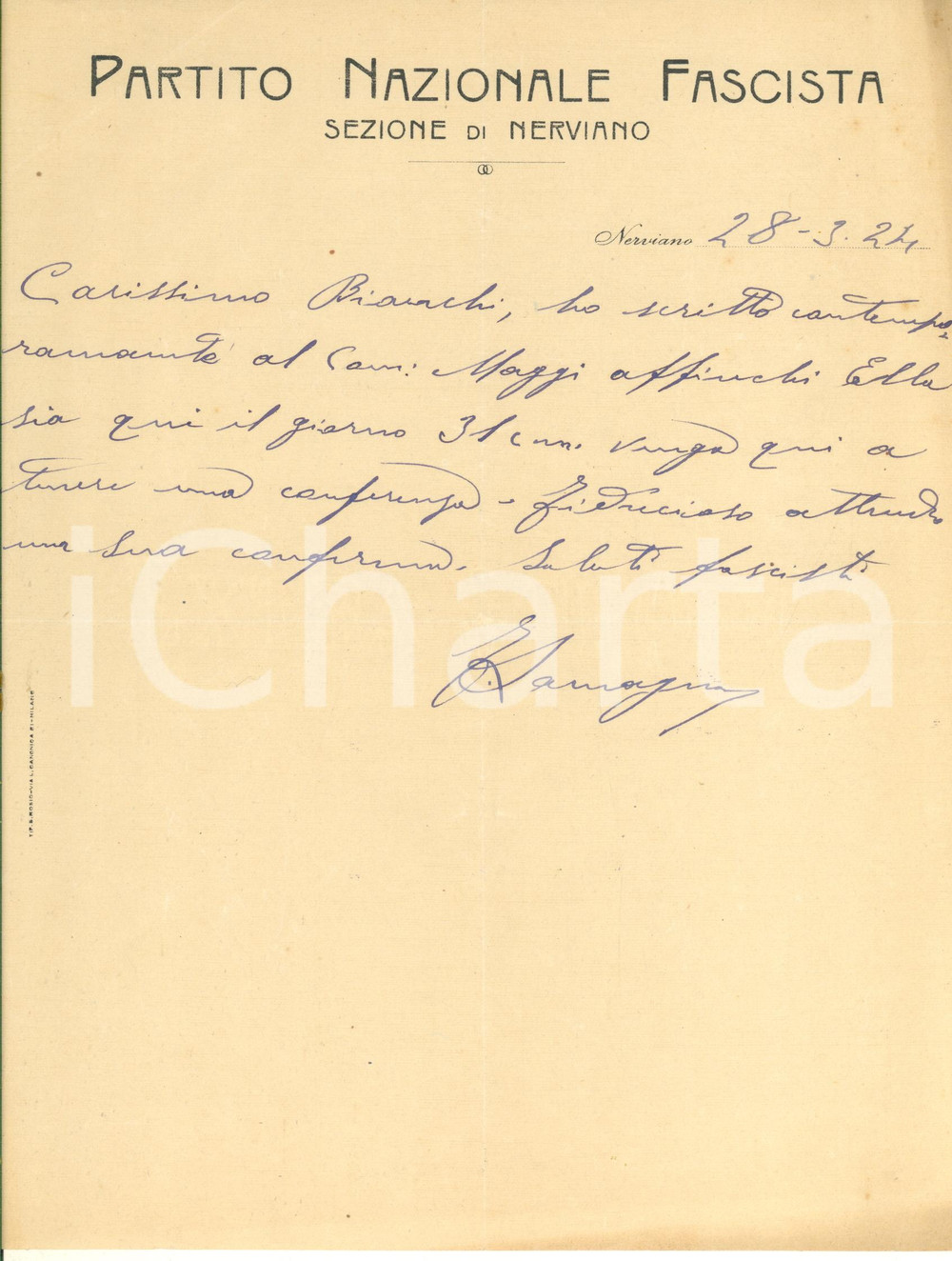 Documento originale, autentico 1924 PNF NERVIANO MI Lettera E. LAMAGNA per invito a una conferenza 1