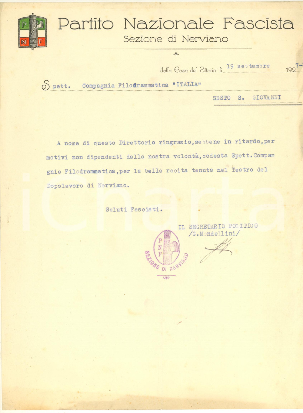 Documento originale, autentico 1927 PNF NERVIANO MI Lettera G. MONDELLINI per recita Compagnia Filodrammatica 1