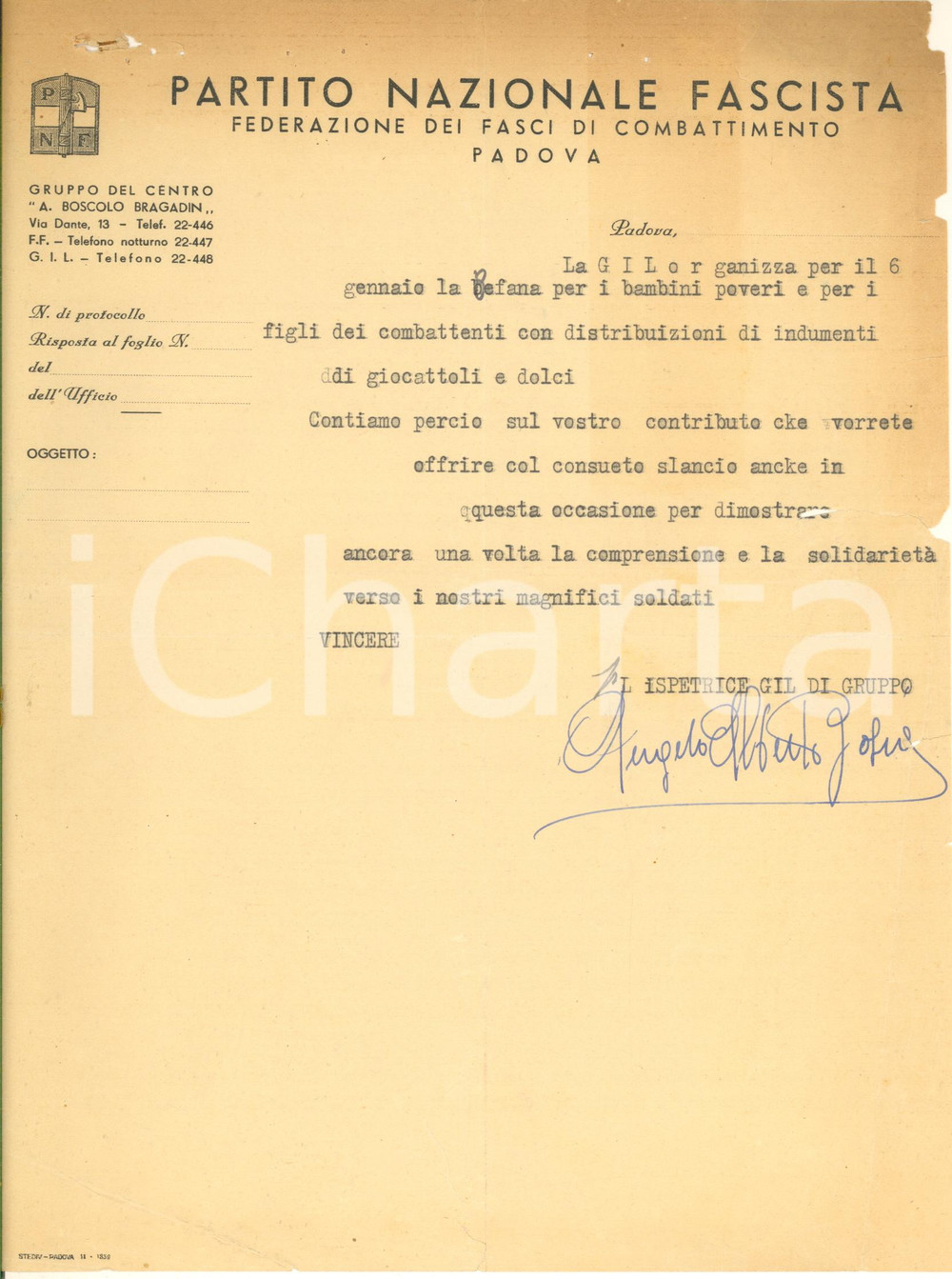 Documento originale, autentico 1940 ca PNF PADOVA Contributo Befana per poveri e figli dei combattenti Lettera 1