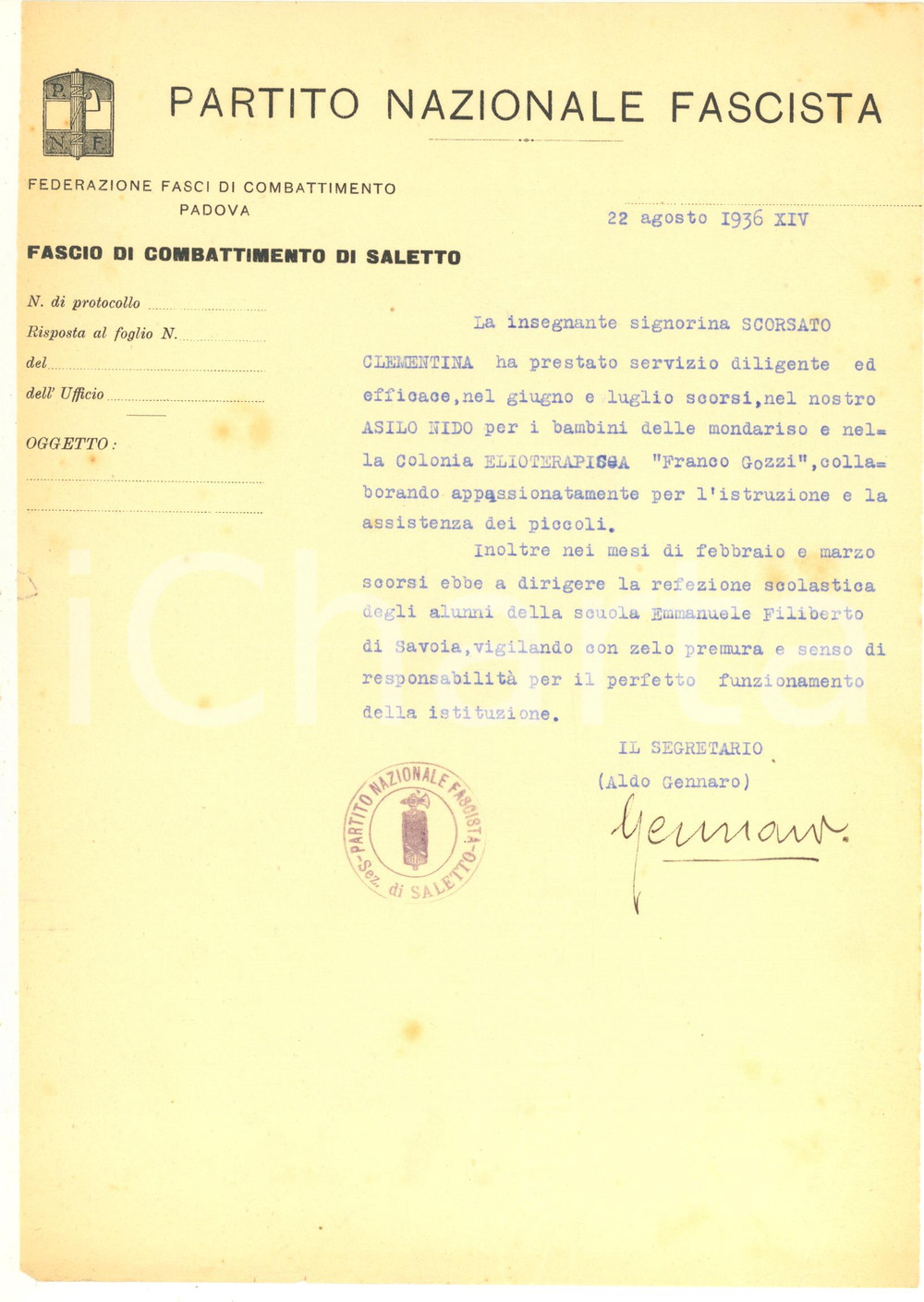Documento originale, autentico 1936 PNF SALETTO PD Lettera referenze per insegnante Autografo Aldo GENNARO 1