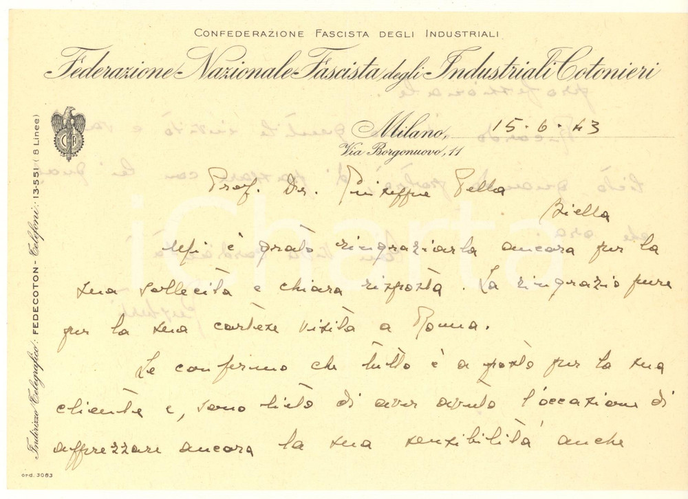 Documento originale, autentico 1943 RSI MILANO Federazione Fascista Industriali Cotonieri  Lettera GUSBERTI 1