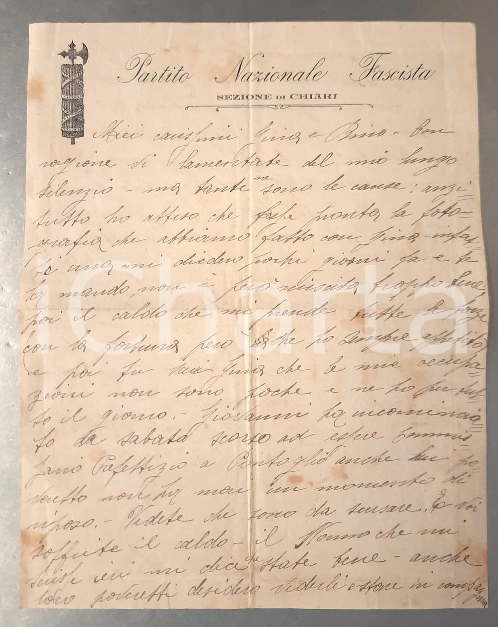 Manoscritto, lettera originale 1940 ca PNF Partito Nazionale Fascista  Sezione CHIARI Lettera carta intestata 1