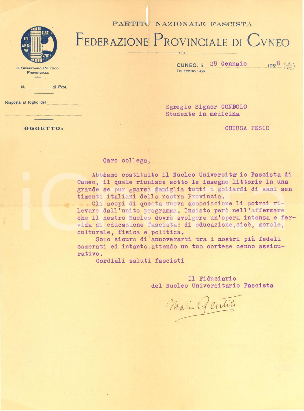 Documento originale, autentico 1928 PNF CUNEO Lettera Mario GENTILI  Nascita Nucleo Universitario Fascista 1